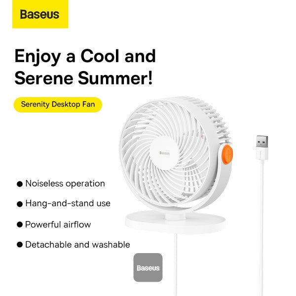 Baseus Serenity Desktop Fan Noiseless operation / Hang-and stand use / Powerful airflow / Detachable and washable White Baseus Serenity Desktop Fan Noiseless operation / Hang-and stand use / Powerful airflow / Detachable and washable White